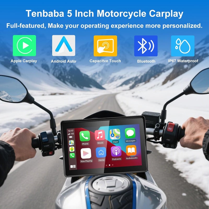 Tenbaba 5 Inch Motorcycle Carplay GPS Navigation System with Apple Carplay and Android Auto Portable Screen with Bluetooth, GPS Navigation, Siri, Google Assistant, Support Siri/Google Assistant - Image 2